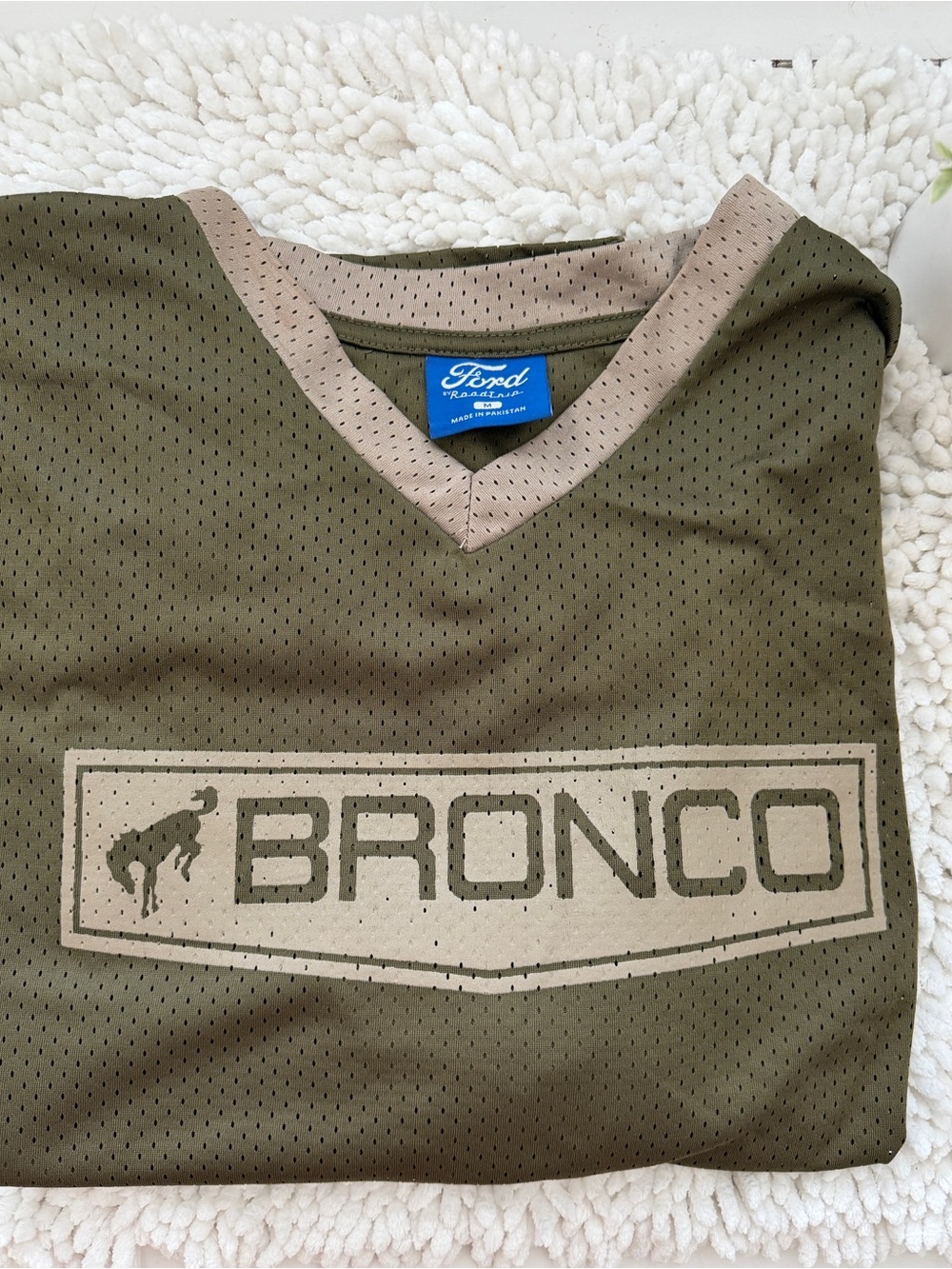 Ford Olive Green Mesh Bronco V-Neck Shirt with Tan Trim